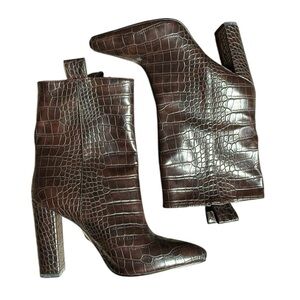 Faux Crocodile Booties Brown Chunky Heel Size 9